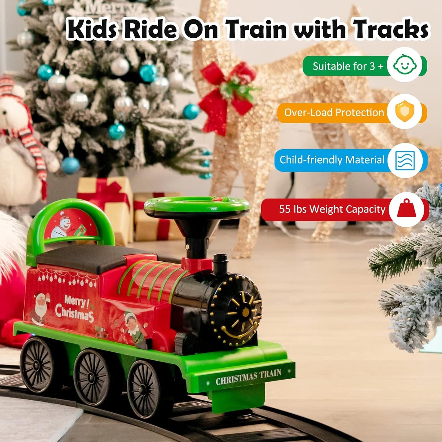 Electric Ride on Train with Tracks, Storage Seat, Flashing Lights & Music, Backrest, Anti-tilt Device, Gift for Toddler Boys & Girls.