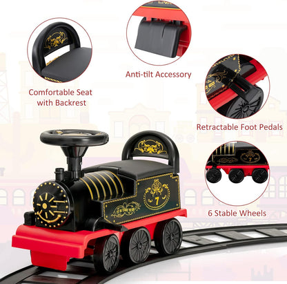 Electric Ride on Train with Tracks, Storage Seat, Flashing Lights & Music, Backrest, Anti-tilt Device, Gift for Toddler Boys & Girls.