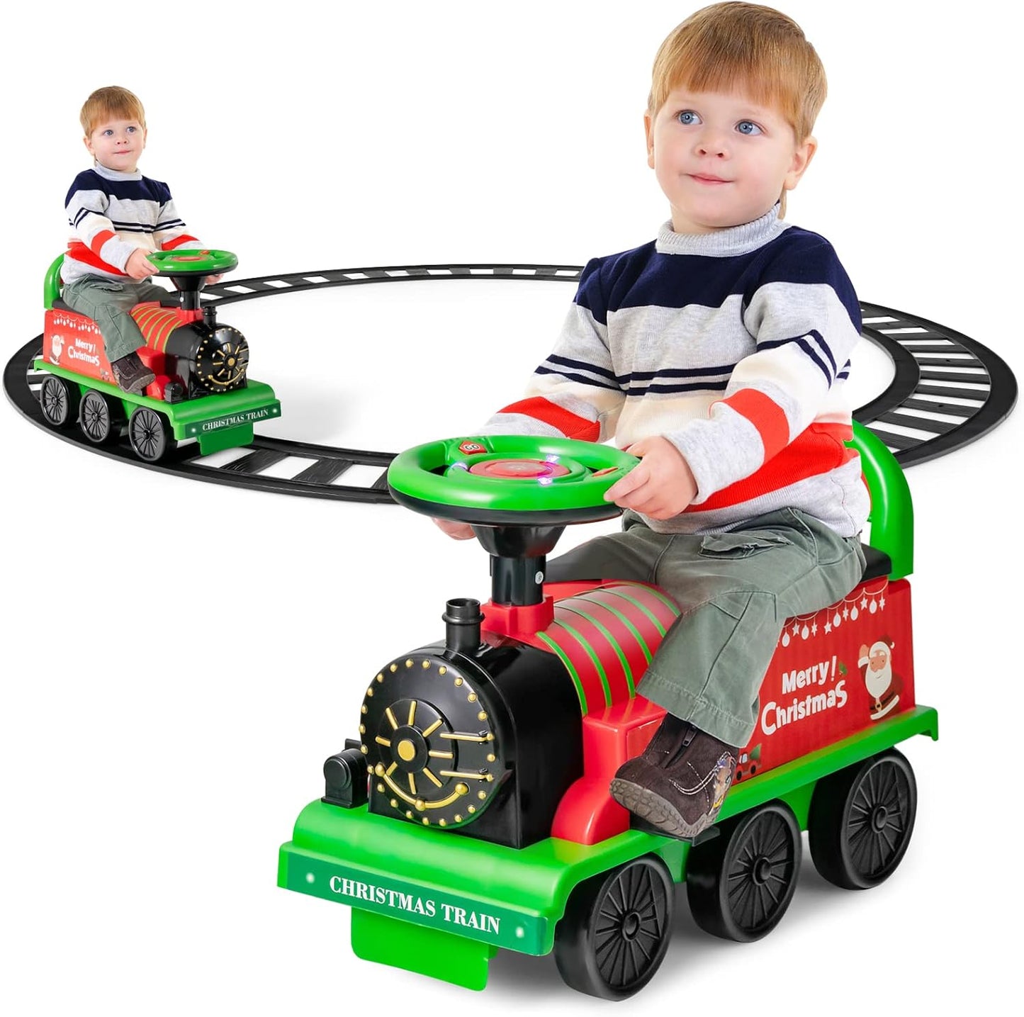 Electric Ride on Train with Tracks, Storage Seat, Flashing Lights & Music, Backrest, Anti-tilt Device, Gift for Toddler Boys & Girls.