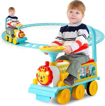 Electric Ride on Train with Tracks, Storage Seat, Flashing Lights & Music, Backrest, Anti-tilt Device, Gift for Toddler Boys & Girls.
