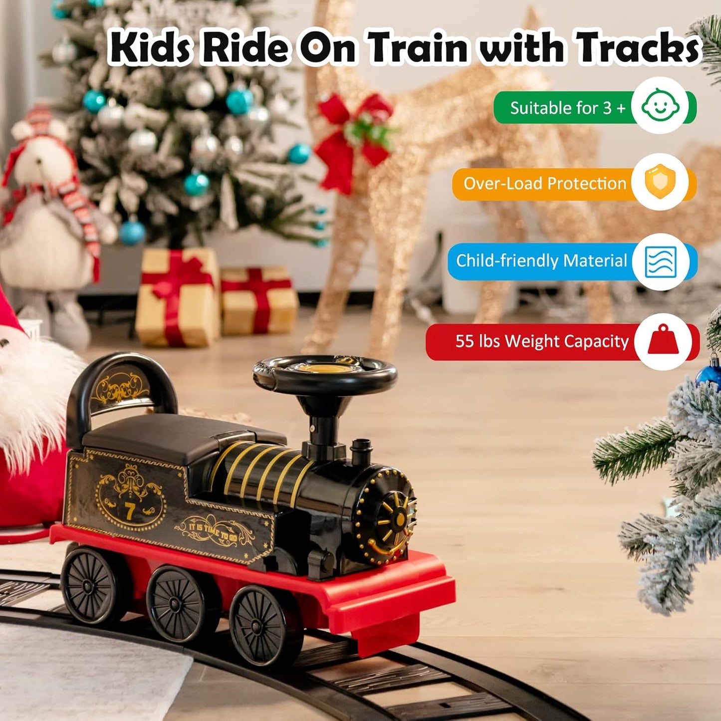 Electric Ride on Train with Tracks, Storage Seat, Flashing Lights & Music, Backrest, Anti-tilt Device, Gift for Toddler Boys & Girls.