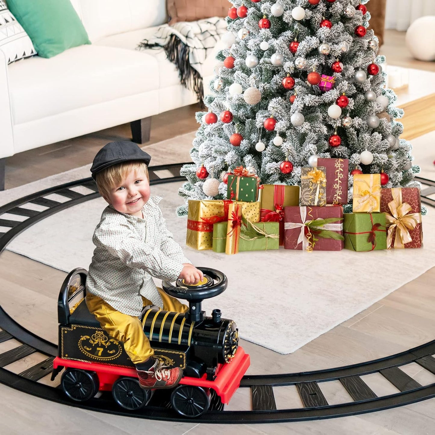 Electric Ride on Train with Tracks, Storage Seat, Flashing Lights & Music, Backrest, Anti-tilt Device, Gift for Toddler Boys & Girls.