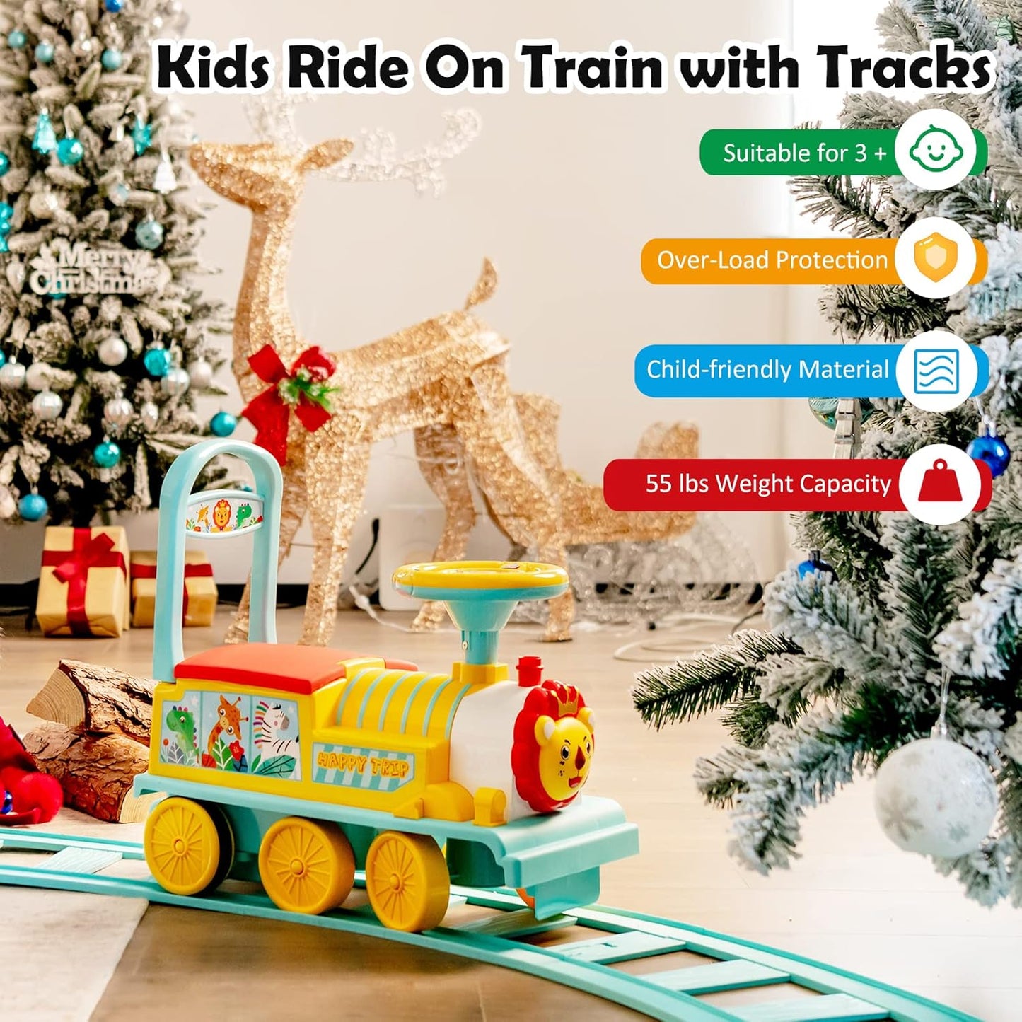 Electric Ride on Train with Tracks, Storage Seat, Flashing Lights & Music, Backrest, Anti-tilt Device, Gift for Toddler Boys & Girls.