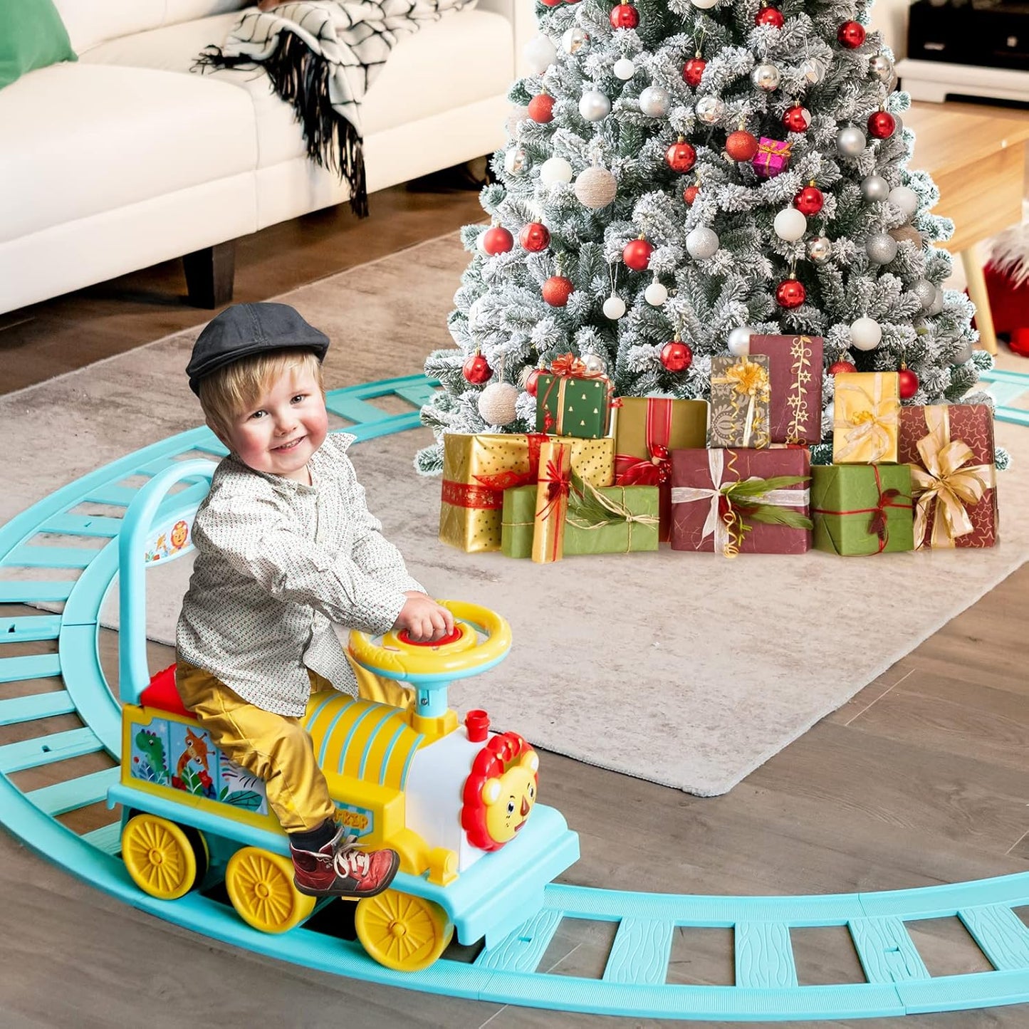 Electric Ride on Train with Tracks, Storage Seat, Flashing Lights & Music, Backrest, Anti-tilt Device, Gift for Toddler Boys & Girls.