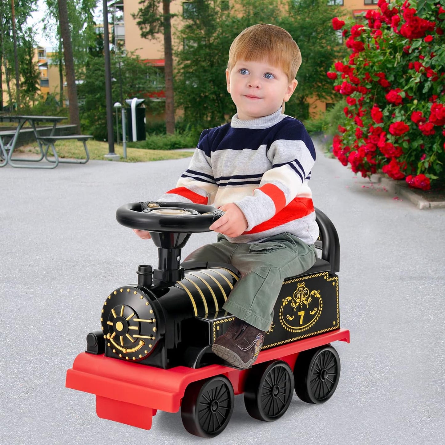 Electric Ride on Train with Tracks, Storage Seat, Flashing Lights & Music, Backrest, Anti-tilt Device, Gift for Toddler Boys & Girls.