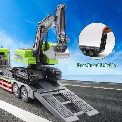 RC Semi Truck & Excavator Toy Set, 1:12 RC Semi-Trailer Truck with Sound and ...