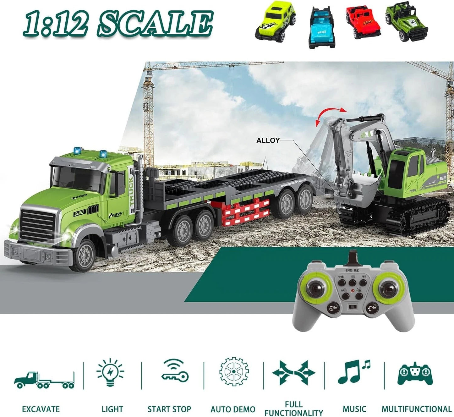 RC Semi Truck & Excavator Toy Set, 1:12 RC Semi-Trailer Truck with Sound and ...